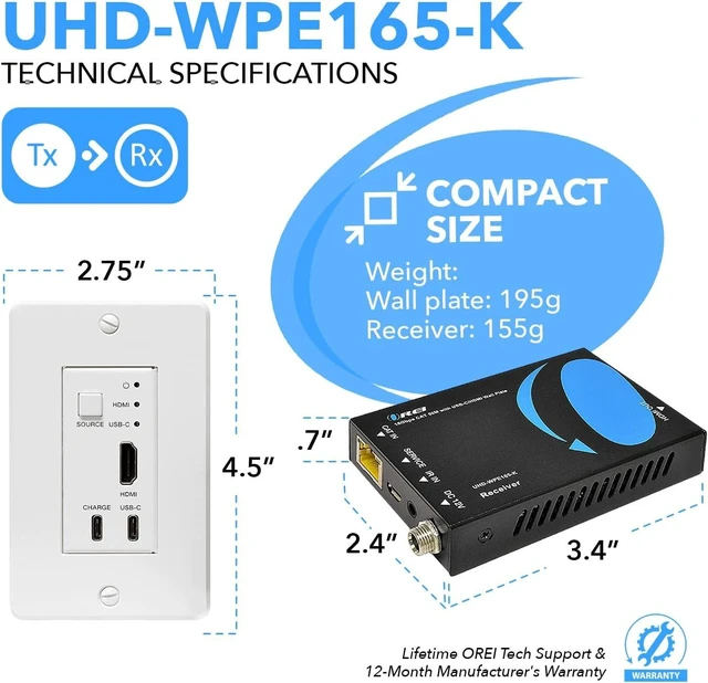 Alt view image 5 of 7 - OREI 4K HDMI/USB-C Extender, Over Single Cat6/Cat7 Cable Wall Plate Transmitter 4K @ 60Hz UltraHD with HDR & IR Control - Up to 165 ft