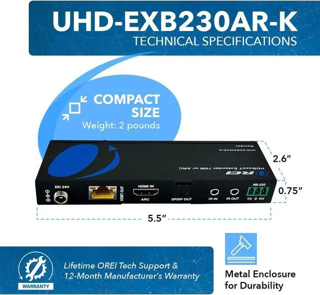 Alt view image 5 of 7 - OREI 4K HDMI Over Ethernet Extender - HDBaseT UltraHD 4K @ 60Hz 4:4:4 Over Single CAT5e/6/7 Cable with HDR, ARC & IR Support, RS-232 - Up to 230 Ft @ 4K - Power Over Cable - Audio Out