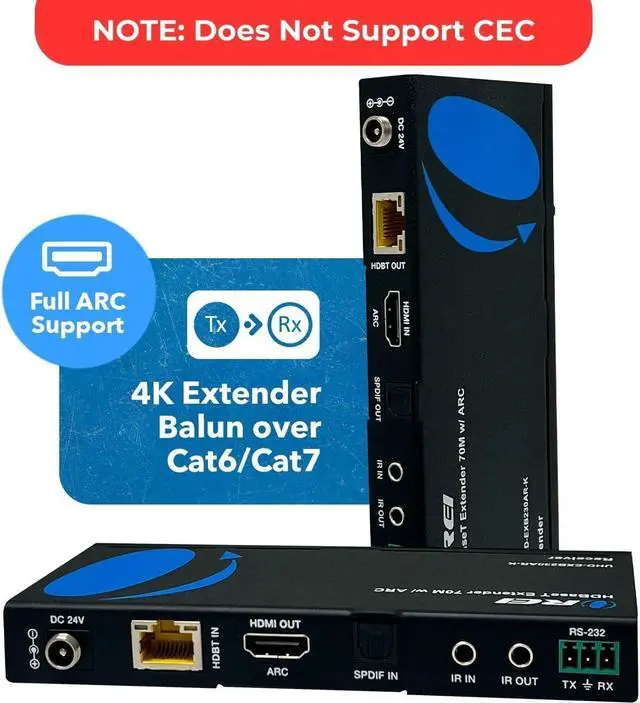 Alt view image 6 of 7 - OREI 4K HDMI Over Ethernet Extender - HDBaseT UltraHD 4K @ 60Hz 4:4:4 Over Single CAT5e/6/7 Cable with HDR, ARC & IR Support, RS-232 - Up to 230 Ft @ 4K - Power Over Cable - Audio Out