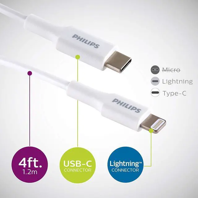 Alt view image 2 of 7 - Philips USB-C to Lightning Charging Cable, 4ft. Cord, for iPhone 12/11 Pro/X/8/8 Plus, iPad, Airpods, White, DLC4202V/37