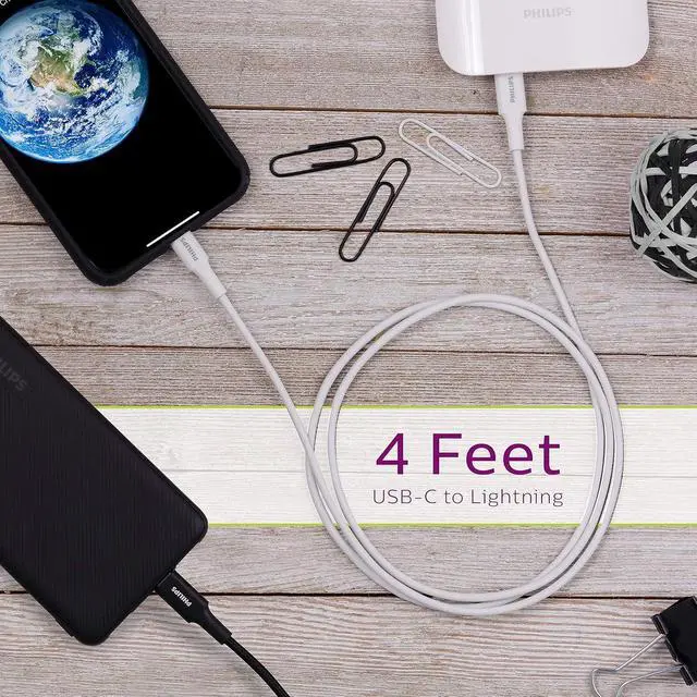 Alt view image 3 of 7 - Philips USB-C to Lightning Charging Cable, 4ft. Cord, for iPhone 12/11 Pro/X/8/8 Plus, iPad, Airpods, White, DLC4202V/37