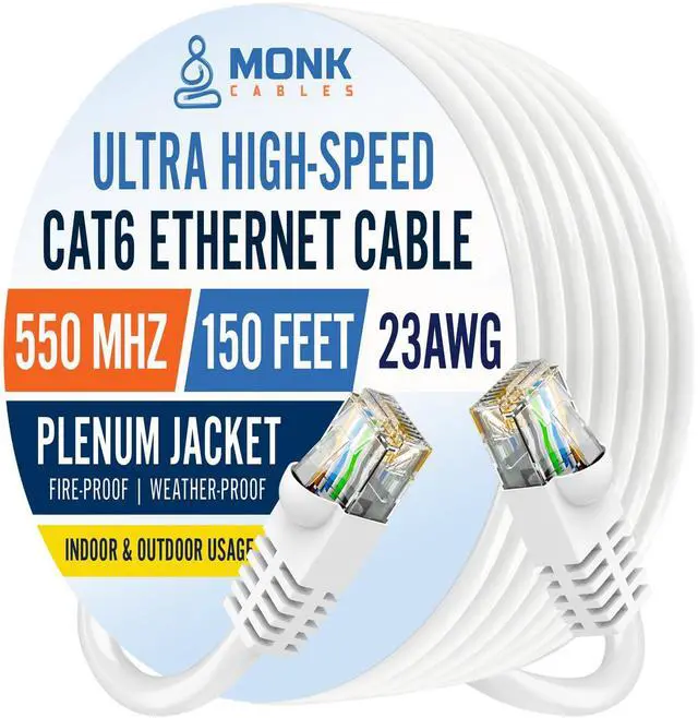 Main image of MONK CABLES | CAT6 Ethernet Cable | Plenum Rated | UTP, 23AWG, 550MHz | DSX-8000 Certified | Most Certified Cable of The Whole Market (White, 150ft)
