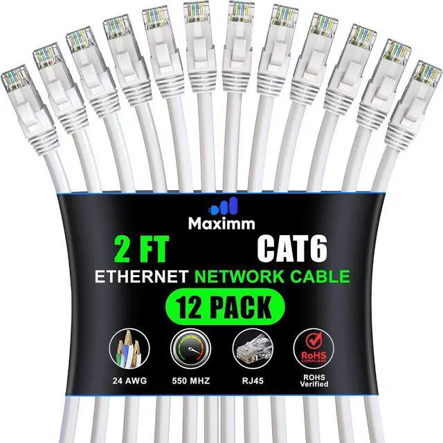 Main image of Maximm Cat 6 Ethernet Cable 2 Ft, (12-Pack) Cat6 Cable, LAN Cable, Internet Cable, Patch Cable and Network Cable - UTP (White) 2 Feet ethernet Cord