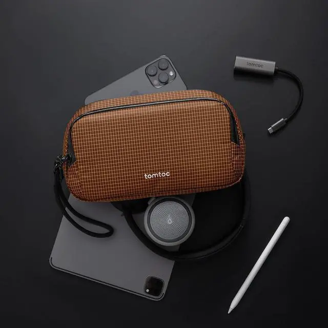 Alt view image 7 of 7 - tomtoc accessory bag cable cover,electronics tech laptop accessories organiser bag travel accessories pouch for adapter,mouse,cable,power,charger,hard drive, Brown Plaid, M, Bag Organizer