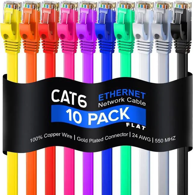 Main image of MAXIMM Cat6 FLAT 10 Feet |10 Pack | Multi| Snagless Ethernet Cable With Cable Ties