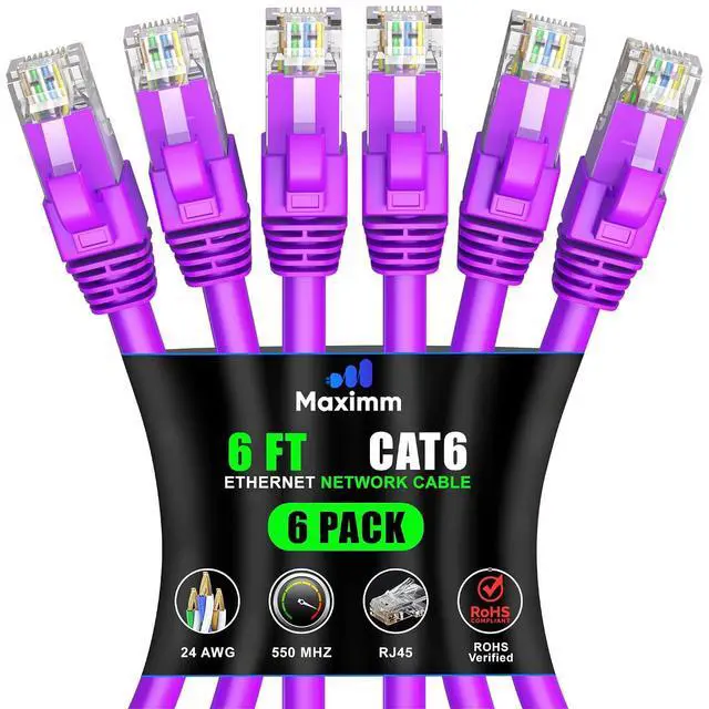 Main image of Maximm Cat 6 Ethernet Cable 6 Ft, (6-Pack) Cat6 Cable, LAN Cable, Internet Cable and Network Cable - UTP (Purple)