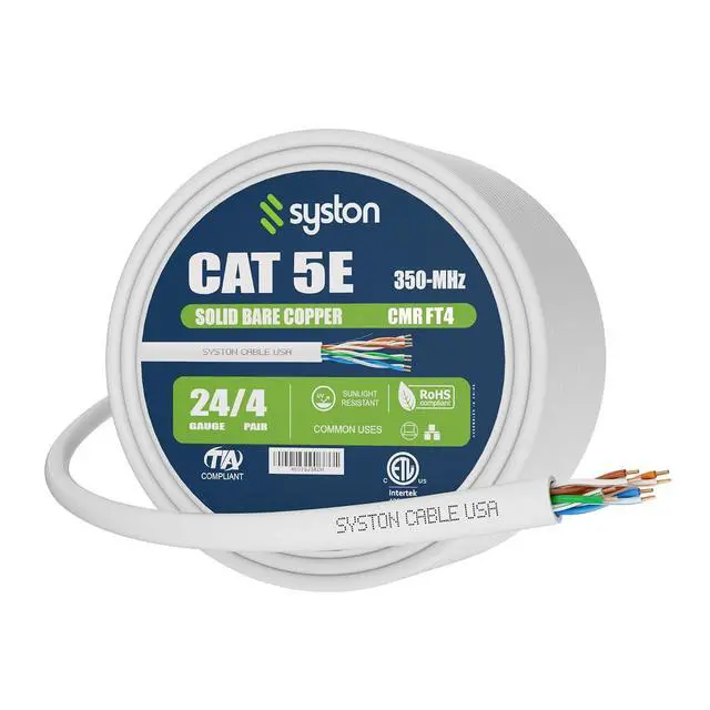Alt view image 2 of 7 - SYSTON CAT 5E Ethernet Network LAN Cable Bulk - 350 MHz 24 AWG UTP Solid Bare Copper Wire for Indoor/Outdoor IP PoE Application Use, CMR Riser-Rated Heat Resistant Without RJ45 Ends - White, 250 FT