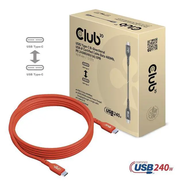 Alt view image 2 of 7 - Club 3D CAC-1515 USB2 Type-C Bi-Directional USB-IF Certified Cable 480Mb PD 240W (48V/5A) EPR Male/Male 4 m