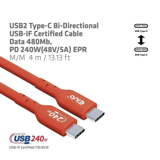 Alt view image 3 of 7 - Club 3D CAC-1515 USB2 Type-C Bi-Directional USB-IF Certified Cable 480Mb PD 240W (48V/5A) EPR Male/Male 4 m