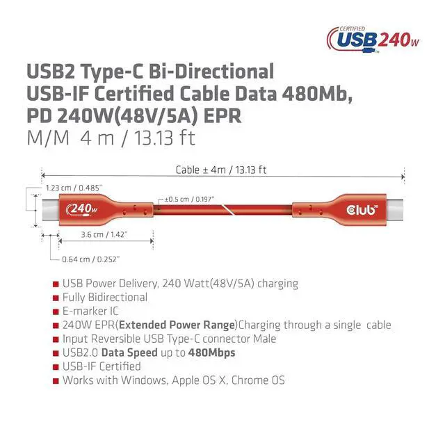 Alt view image 4 of 7 - Club 3D CAC-1515 USB2 Type-C Bi-Directional USB-IF Certified Cable 480Mb PD 240W (48V/5A) EPR Male/Male 4 m