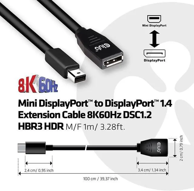 Alt view image 3 of 7 - Mini DisplayPortTM to DisplayPortTM 1.4 Extension Cable 8K60Hz DSC1.2 HBR3 HDR M/B. 1 Metre 32AWG