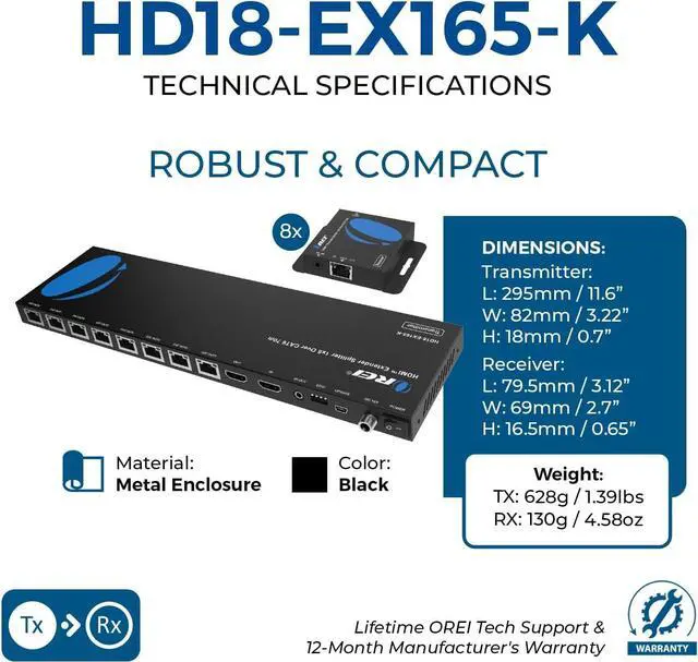 Alt view image 2 of 4 - OREI 1x8 HDMI Extender Splitter Multiple Over Single Cable CAT6/7 1080P with IR Remote EDID Management - Up to 165 Ft - Loop Out - Low Latency - Full Support