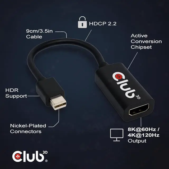 Alt view image 2 of 7 - Club 3D CAC-1188 Mini DisplayPort 1.4 to HDMI 4K120Hz/8K60Hz HDR Active Adapter M/F