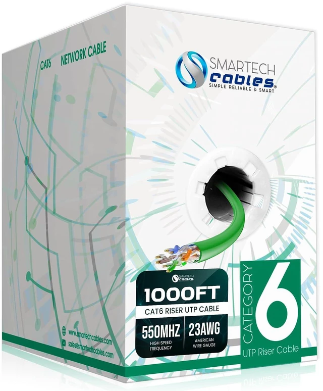 Main image of Smartech Cables | Cat6 Ethernet Cable 1000ft CCA | Tangle-Free Smooth Pull Box | 23AWG 550MHz UTP CMR Bulk Network Wire, Sequential Foot Markings, 10Gbps High-Speed Internet White