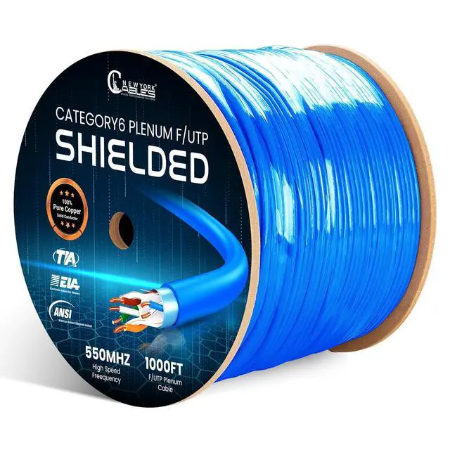 Main image of NewYork Cables Cat6 Shielded Plenum Cable 1000FT - 100% Solid Bare Copper Conductors - PoE++ Support, 23 AWG, 550MHz Overall Foil Shield (F/UTP) - Boost Your Networking & Gaming with 10GB High Speed