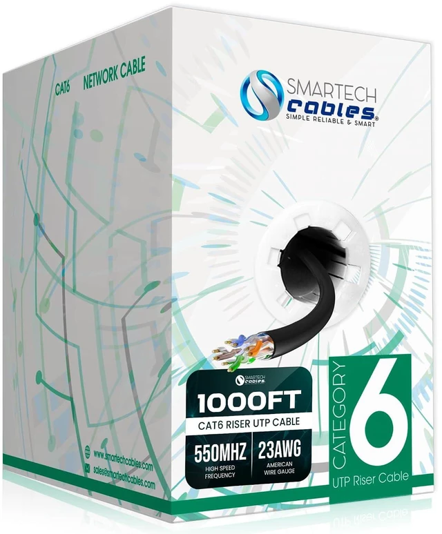 Main image of Smartech Cables | Cat 6 Ethernet Cable 1000ft | Channel Test Pass 23AWG UTP 4-Pairs Bulk Riser CMR | CAT6 1000ft 10Gbps 550MHz High-Performance Cable for Home,Office &Gaming |Tangle-Free | Black