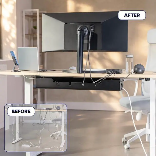 Alt view image 2 of 7 - VIVO Under-Desk 35 inch Screw-On Cable Management Box with Flip-Open Lid, Easy-to-Open Steel Cord and Power Strip Organizer, Cable Basket Under Desk, 11 lbs Capacity, Black, DESK-ACMB35-S
