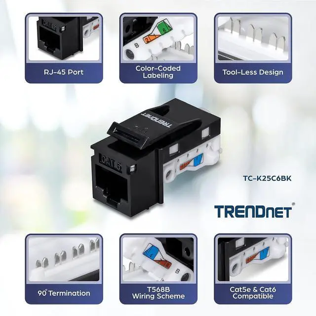 Alt view image 3 of 7 - TRENDnet Cat6 Keystone Jack, 25-Pack Bundle, 90° Angle Termination, Compatible with Cat5, Cat5e, & Cat6 Cabling, Color-Coded Labeling for T568B Wiring, Gold-Plated Contacts,TC-K25C6BK
