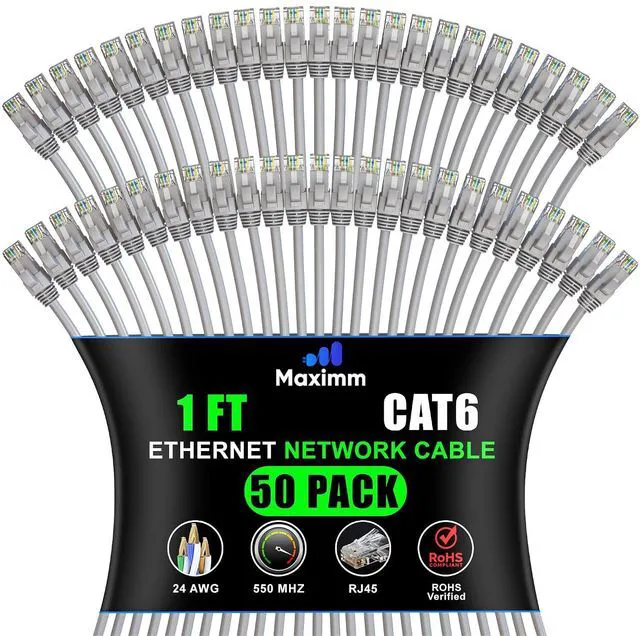 Main image of Maximm Cat 6 Ethernet Cable - 1 ft (50-Pack) - High-Speed LAN, Internet, Patch, and Network Cable - UTP, 10Gbps, 550MHz Ethernet Cord - Gray