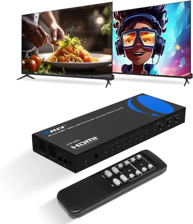 Main image of OREI 4x2 HDMI Matrix Switch 4K@60Hz Audio Extraction, EDID, IR, HDCP 2.2 | 18Gbps Bandwidth, HDR, 12-bit Deep Color, Dolby TrueHD, DTS-HD Master Audio, Optical & 3.5mm Audio Outputs