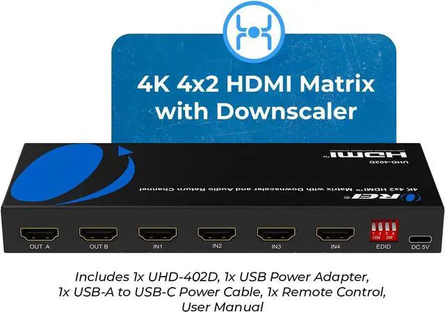 Alt view image 2 of 7 - OREI 4x2 HDMI Matrix Switch 4K@60Hz Audio Extraction, EDID, IR, HDCP 2.2 | 18Gbps Bandwidth, HDR, 12-bit Deep Color, Dolby TrueHD, DTS-HD Master Audio, Optical & 3.5mm Audio Outputs