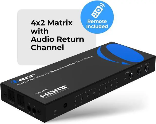 Alt view image 4 of 7 - OREI 4x2 HDMI Matrix Switch 4K@60Hz Audio Extraction, EDID, IR, HDCP 2.2 | 18Gbps Bandwidth, HDR, 12-bit Deep Color, Dolby TrueHD, DTS-HD Master Audio, Optical & 3.5mm Audio Outputs
