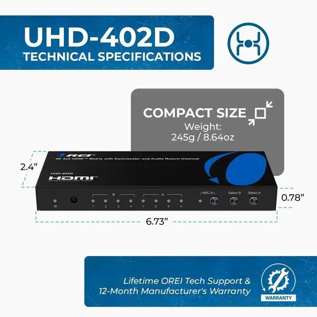 Alt view image 5 of 7 - OREI 4x2 HDMI Matrix Switch 4K@60Hz Audio Extraction, EDID, IR, HDCP 2.2 | 18Gbps Bandwidth, HDR, 12-bit Deep Color, Dolby TrueHD, DTS-HD Master Audio, Optical & 3.5mm Audio Outputs