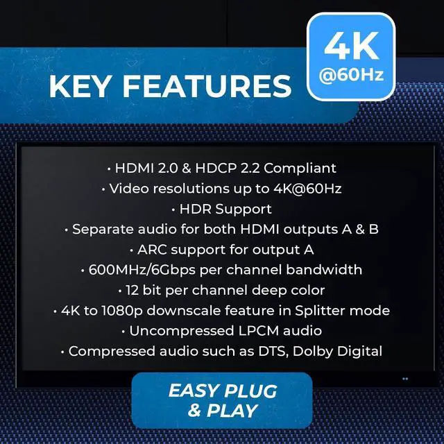 Alt view image 7 of 7 - OREI 4x2 HDMI Matrix Switch 4K@60Hz Audio Extraction, EDID, IR, HDCP 2.2 | 18Gbps Bandwidth, HDR, 12-bit Deep Color, Dolby TrueHD, DTS-HD Master Audio, Optical & 3.5mm Audio Outputs