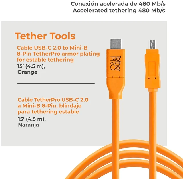 Alt view image 2 of 7 - TetherPro USB-C to 2.0 Mini-B 8-Pin, 15' (4.6m) (High-Visibility Orange)