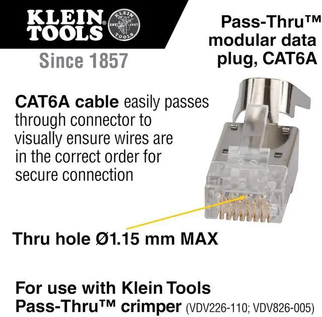 Alt view image 2 of 7 - Klein Tools VDV826-754 Modular Data Plug for CAT6A Shielded Cable and Larger Diameter CAT6 Indoor or Outdoor Ethernet Cable, 100-Pack