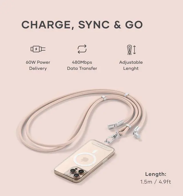 Alt view image 2 of 7 - Satechi OntheGo USB-C Lanyard Cable, 60W Fast Charging, 480Mbps Data Transfer, Built-in Crossbody Strap, Adjustable 1.5m / 4.9ft Braided Cord, USB-C to USB-C Cable for iPhone, Android Desert Rose