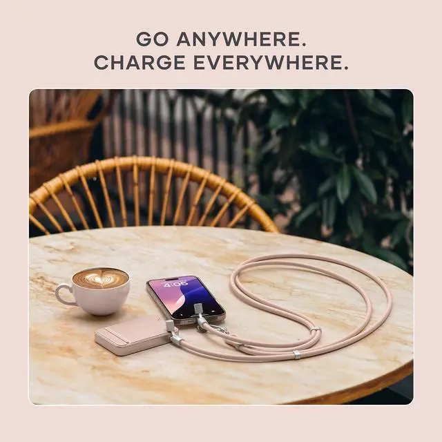 Alt view image 3 of 7 - Satechi OntheGo USB-C Lanyard Cable, 60W Fast Charging, 480Mbps Data Transfer, Built-in Crossbody Strap, Adjustable 1.5m / 4.9ft Braided Cord, USB-C to USB-C Cable for iPhone, Android Desert Rose