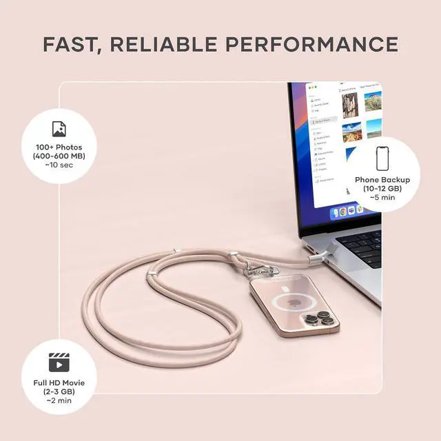 Alt view image 4 of 7 - Satechi OntheGo USB-C Lanyard Cable, 60W Fast Charging, 480Mbps Data Transfer, Built-in Crossbody Strap, Adjustable 1.5m / 4.9ft Braided Cord, USB-C to USB-C Cable for iPhone, Android Desert Rose
