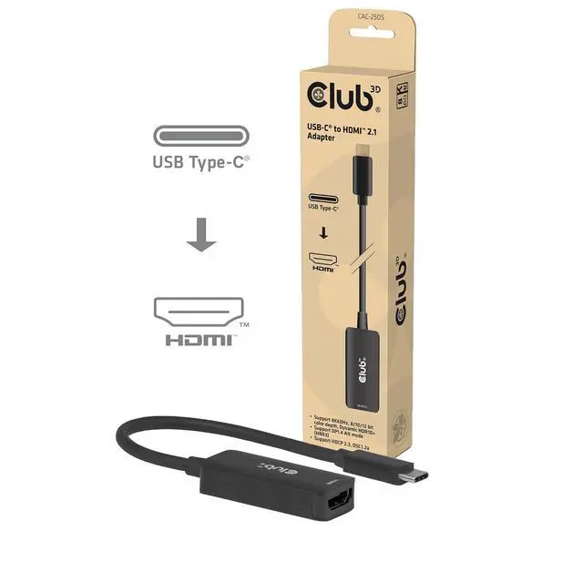 Alt view image 2 of 7 - Club 3D USB C to HDMI Cable 8K@60Hz 4K@144Hz Active Adapter - Gaming PC Laptop Console to Monitor TV - USB c altmode 1.4 to HDMI 2.1 HDR10+ Dolby Vision Converter CAC-2505