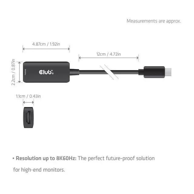 Alt view image 3 of 7 - Club 3D USB C to HDMI Cable 8K@60Hz 4K@144Hz Active Adapter - Gaming PC Laptop Console to Monitor TV - USB c altmode 1.4 to HDMI 2.1 HDR10+ Dolby Vision Converter CAC-2505