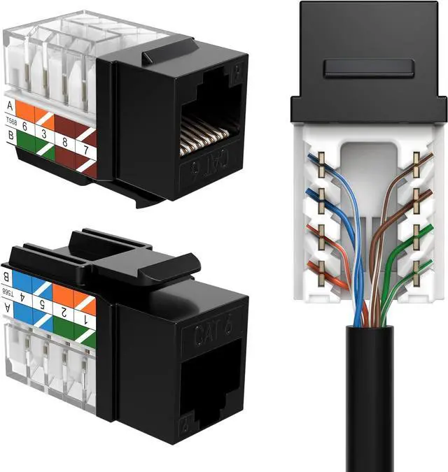Main image of SATMAXIMUM 50 Pack Cat6 Keystone Ethernet Wall Jacks RJ45 Punch Down Slim Profile UTP Black, 45 Degree for Patch Panel & Wall Plate, Supports Up to 10Gbps