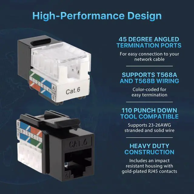 Alt view image 4 of 7 - SATMAXIMUM 50 Pack Cat6 Keystone Ethernet Wall Jacks RJ45 Punch Down Slim Profile UTP Black, 45 Degree for Patch Panel & Wall Plate, Supports Up to 10Gbps