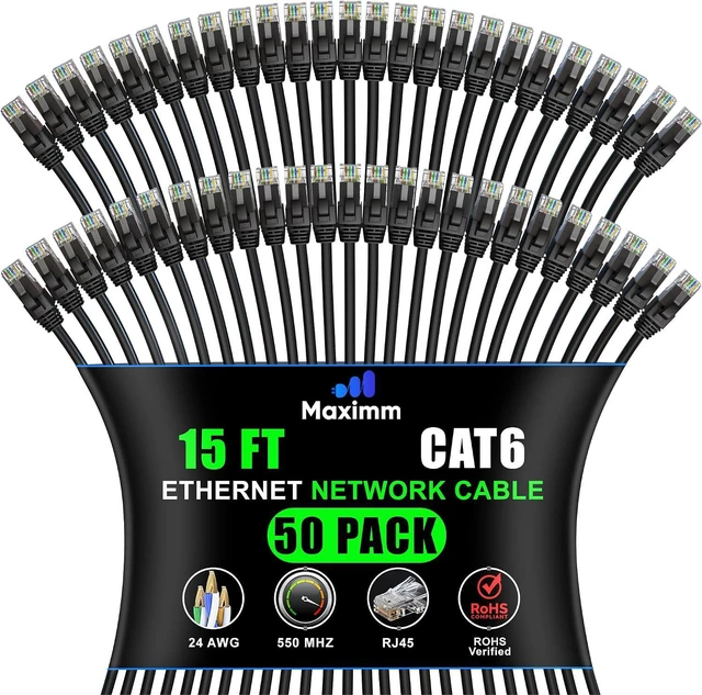 Main image of Maximm Cat 6 Ethernet Cable - 15 ft (50-Pack) - High-Speed LAN, Internet, Patch, and Network Cable - UTP, 10Gbps, 550MHz Ethernet Cord - Black