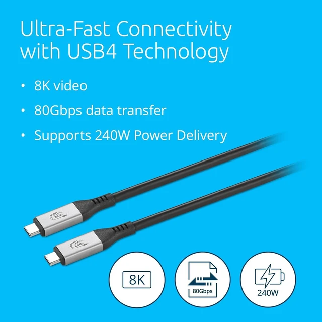 Alt view image 2 of 5 - Kensington USB4® Cable 1.5m, 80Gbps, Supports up to 8K Video, up to 240W Power Delivery (PD 3.1), Compatible with USB-C Docking Stations (K32301WW)