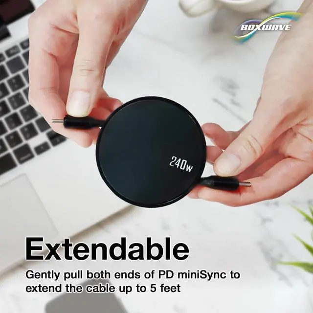 Alt view image 6 of 7 - BoxWave Cable Compatible with Google Chromecast with TV - PD miniSync (240W), Retractable PD 240W Portable USB Type-C Cable - Jet Black