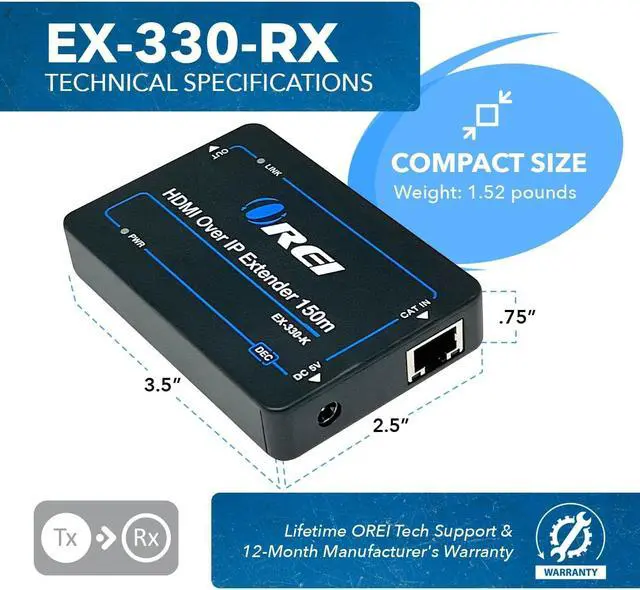 Alt view image 3 of 6 - OREI HDMI Extender Over IP- 1080p@60Hz Upto 330Ft with CAT6/7 Cable (Receiver only) (EX-330-K)