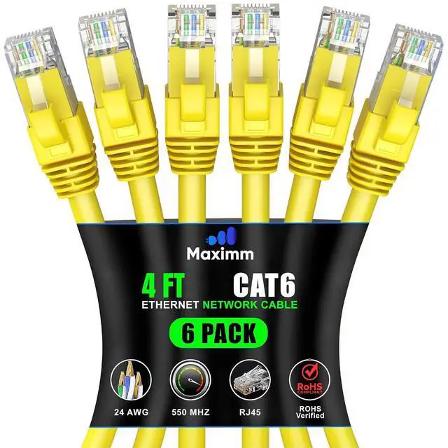 Main image of Maximm Cat 6 Ethernet Cable 4 Ft, (6-Pack) Cat6 Cable, LAN Cable, Internet Cable and Network Cable - UTP (Yellow)
