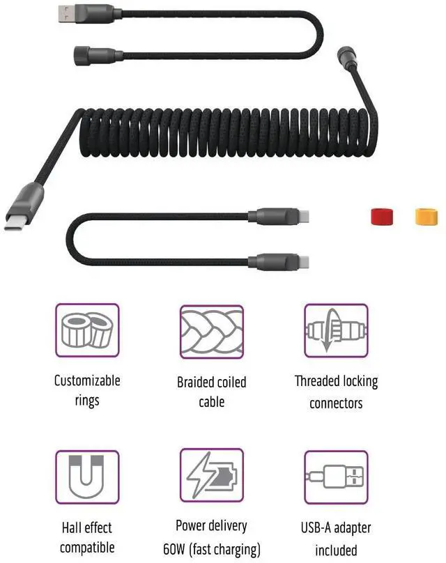 Alt view image 2 of 7 - ONEofZERO Pro Modular USB-C Keyboard Cable - Premium Coiled Cable with Detachable Aluminum USB-C Aviators, PD 60W USB-A to USB-C, Smoke
