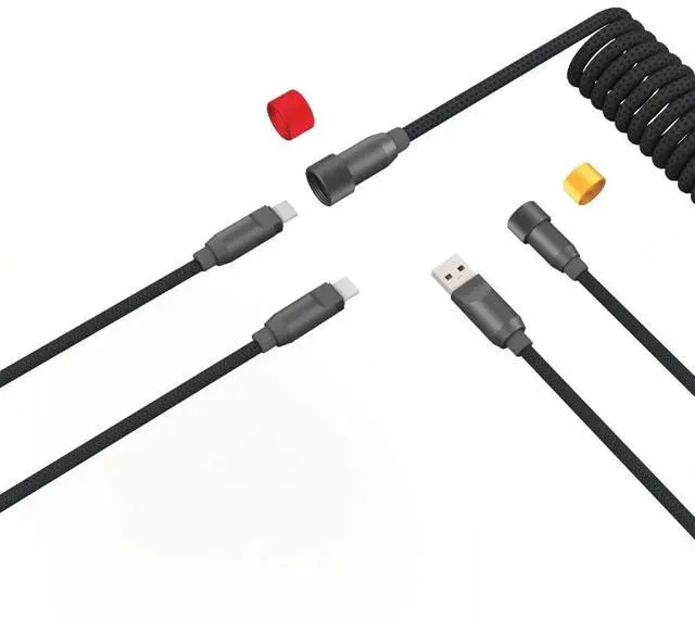 Alt view image 4 of 7 - ONEofZERO Pro Modular USB-C Keyboard Cable - Premium Coiled Cable with Detachable Aluminum USB-C Aviators, PD 60W USB-A to USB-C, Smoke
