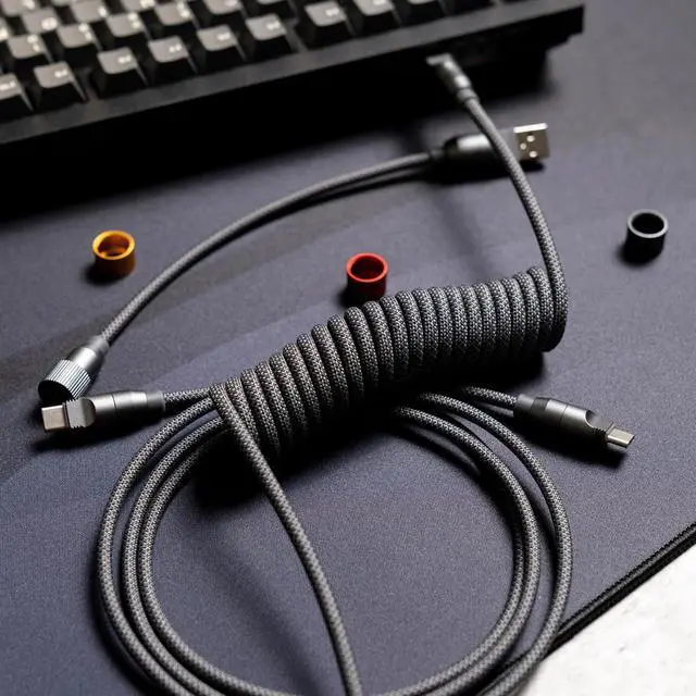 Alt view image 5 of 7 - ONEofZERO Pro Modular USB-C Keyboard Cable - Premium Coiled Cable with Detachable Aluminum USB-C Aviators, PD 60W USB-A to USB-C, Smoke
