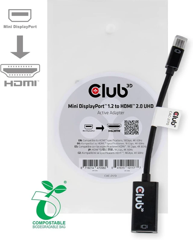 Alt view image 3 of 7 - Club 3D CAC-2170, Active mini DisplayPort to HDMI 2.0 Adapter (Supports Displays up to 4K / UHD / 3840x2160@60Hz)