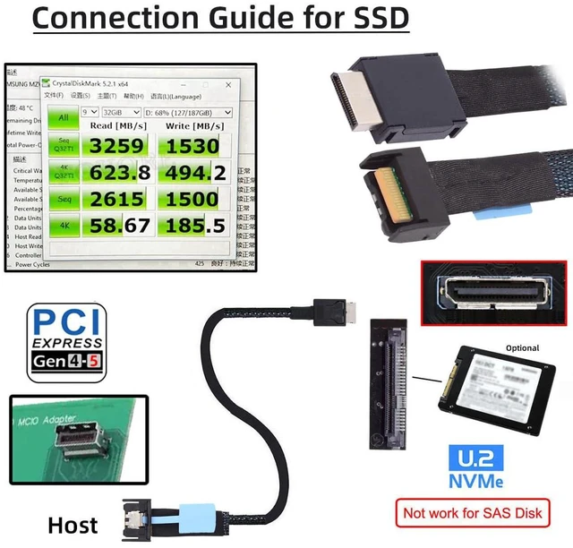 Alt view image 3 of 7 - PCI-E 5.0 Mini Cool Edge IO MCIO PCI-E 4i 38Pin Male to SFF-8611 Oculink 4X Extender Cable for eGPU SSD External Graphics Card 50cm