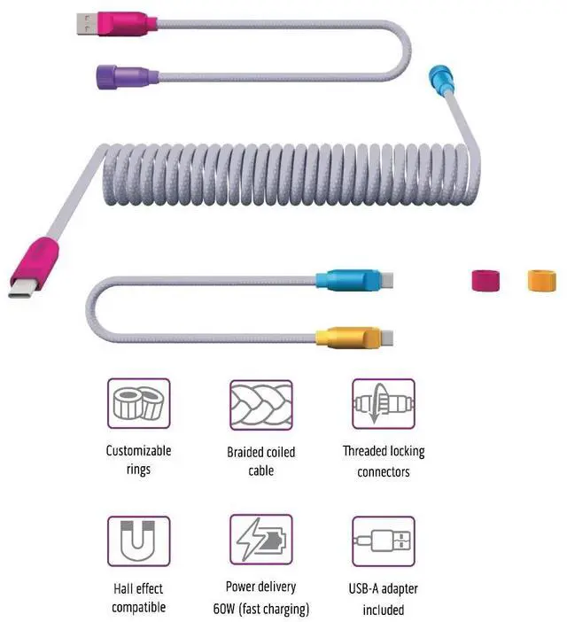 Alt view image 2 of 6 - ONEofZERO Pro Modular USB-C Keyboard Cable - Premium Coiled Cable with Detachable Aluminum USB-C Aviators, PD 60W USB-A to USB-C, Happy Accidents