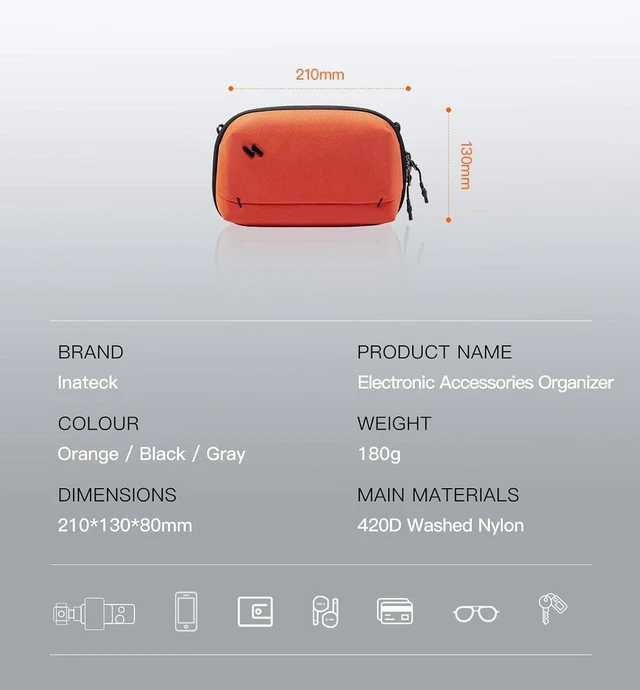 Alt view image 2 of 7 - Inateck Portable Electronics Organiser, Splash-Resistant Travel Accessory Bag for Cables, Power Banks, Hubs, Headphones, Orange, 21×8×13 cm, 2L, Classic