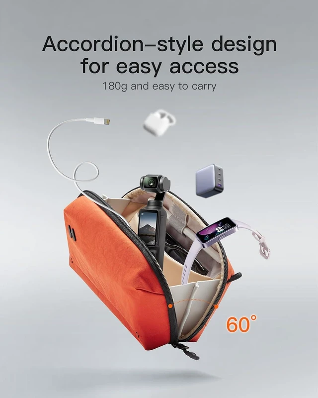 Alt view image 4 of 7 - Inateck Portable Electronics Organiser, Splash-Resistant Travel Accessory Bag for Cables, Power Banks, Hubs, Headphones, Orange, 21×8×13 cm, 2L, Classic